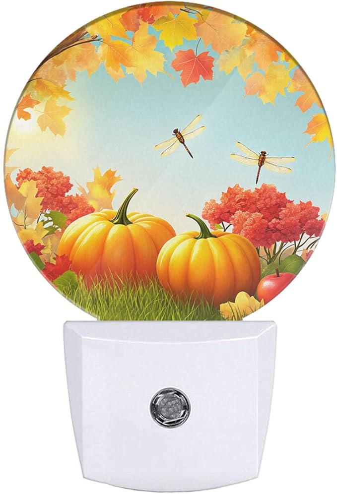 Autumn Night Light Thanksgiving Harvest Fall Maple Leaves Dragonfly Nightlights Auto On/Off Dusk to Dawn Plug-in Nightlights for Home Bedroom Living Room Bathroom