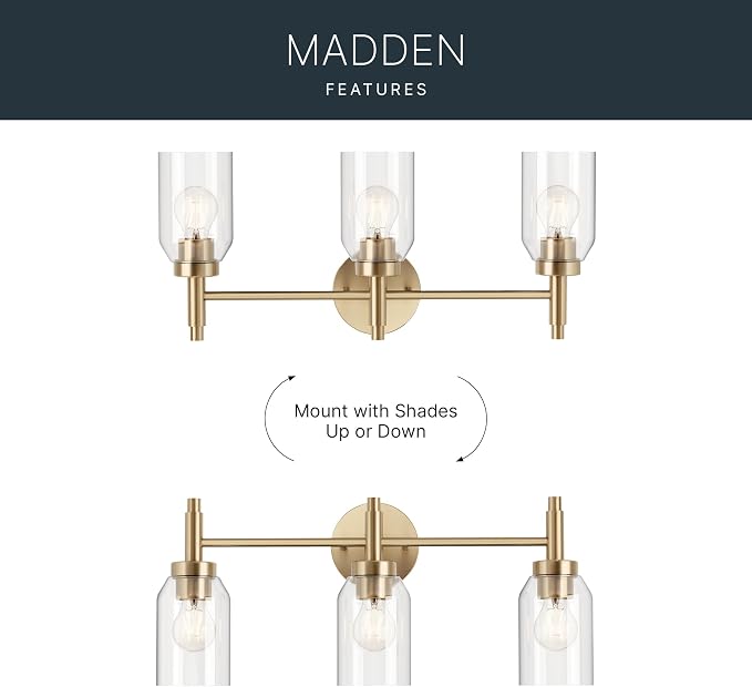 Kichler Madden 3-Light Bathroom Vanity Light, Champagne Bronze | Modern vanity light with clear glass for single bathroom mirrors (24" x 10.5"), 55185CPZ