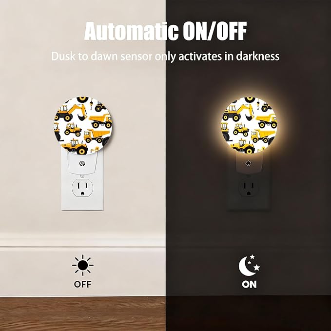 Mugod Yellow Construction Vehicles Pattern Plug-in Nightlights Cute Cartoon Night Light Plug into Wall with Dusk-to-Dawn Sensor LED Lighting 0.5W Sleep-Friendly
