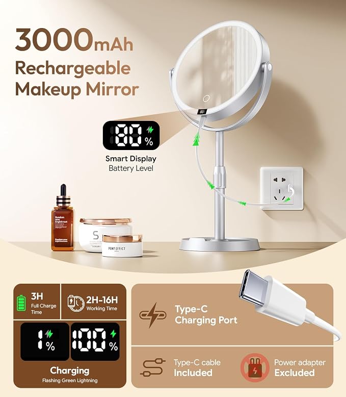 8" ABS Lighted Makeup Mirror with Lights, 1X/20X Magnifying Mirror with Light and Digital Display, 2.6in Height Adjustable, Rechargeable, 3 Color Modes for Makeup & Shaving, Easy to Detach, Women Gift