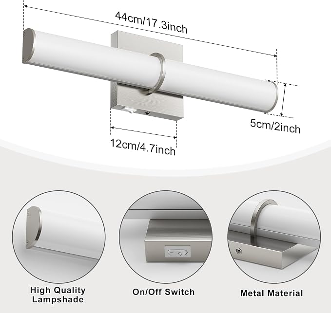 17.3Inch Modern Vanity Light Fixture with Switch, 12W 5000K Led Bathroom Light Fixture Over Mirror, Hardwired, Brushed Nickel 1200LM Vanity Light Bar for Mirror Bedroom Hallway Living Room