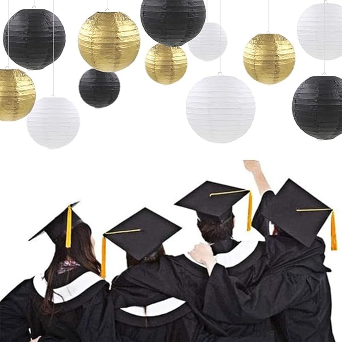 Paper Lanterns Party Decorations,12pcs Gold Black White Hanging Paper Lantern for for Wedding Graduation Anniversary Birthday Party Decorations