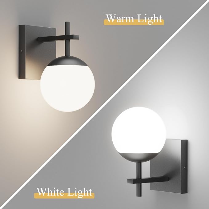 Ralbay Black Indoor Wall Sconces Set of 2,Mid Century Modern Bathroom Wall Lighting Fixtures Milky Glass Wall Lamp for Bedroom Living Room Vanity Hallway, Matte Black (Exclude Bulb)
