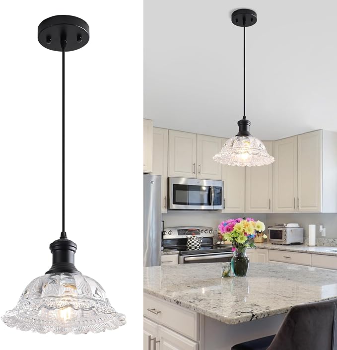 Vintage Pendant Light, Glass Pendant Light Fixture with Flower Clear Shade, Farmhouse Black Pendant Lighting for Kitchen Island, Dining Room, Bedroom, Living Room, Entryway, Hallway