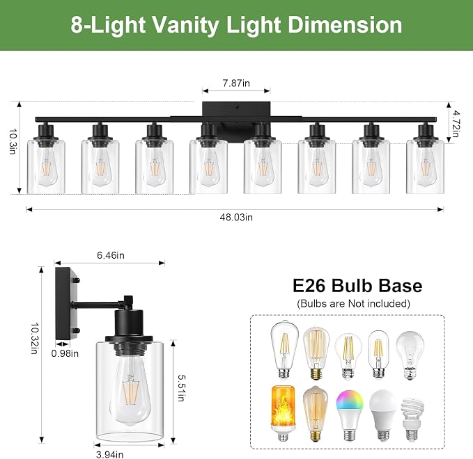 MOKATNG 8-Light Bathroom Light Fixtures, Vanity Light with Clear Glass Shades, Matte Black Bathroom Light Fixtures Over Mirror, Modern Bathroom Wall Lamp for Mirror Living Room Cabinet Bedroom