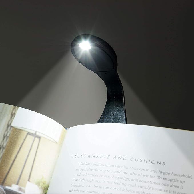 Gifts for Readers & Writers Book Light, Clip On Reading Light for Bed, 2in1 Flexilight & Bookmark, Small & Lightweight with a Soft Glow, 2 Batteries Included, Black