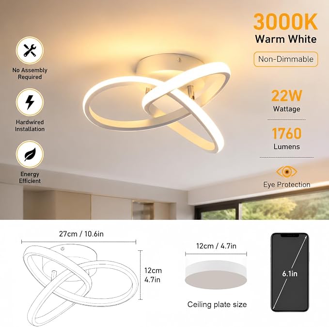 CANEOE Hallway Light Acrylic Modern LED Ceiling Light Fixtures 3000K Close to Ceiling Lights for Bedroom, Bathroom, Kitchen, Balcony, Corridor, Stair, Aisle Lamp Curved Design (White,3000K)