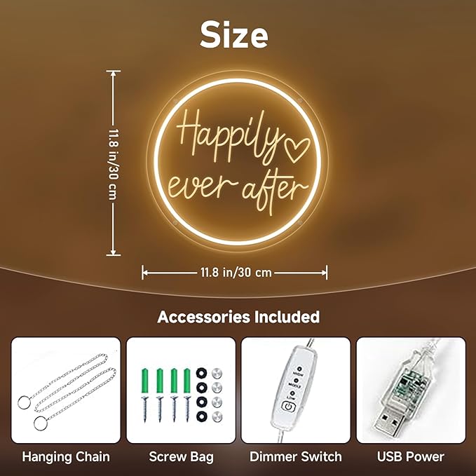 Happily Ever After Neon Sign Dimmable LED Neon Lights Sign for Wall Decor USB Powered LED Sign for Wedding Anniversary Valentine's Celebrations Bedroom Art Sign Decorations 30CM*30CM
