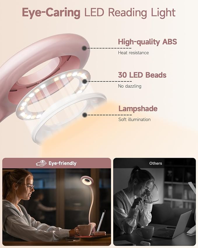 CUHIOY Rechargeable Clip on Reading Light for Bed Headboard, Pink, 1 Pack | Large Clamp Flexible Neck, Battery Desk Lamp, 5 Color 5 Brightness Touch Control, Flicker-Free LED Bedside Night Light
