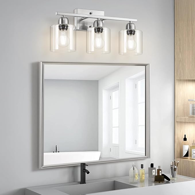 Modern Brushed Nickel 3 Light Bathroom Light Fixtures,19 inch Vanity Lights For Bathroom With Clear Glass, Bathroom Lighting Fixtures Over Mirror For Mirror Kitchen Living Room Hallway Cabinet Porch