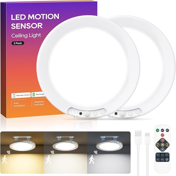 2 Pack Rechargeable Motion Sensor Ceiling Light, 8000mAh Battery Operated Ceiling Lights with Remote, Magnetic Wireless Closet Light, 3 Color Dimmable LED Lights for Closet Shower Pantry Hallway
