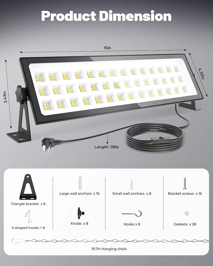 4 Pack Linkable LED Shop Lights, 100W 15000LM Aluminum Plug in Garage Light w/ 9.84ft Power Cord and Switch, 6000K Daylight, for Garage, Workshop, Warehouse (Built-in Outlet)