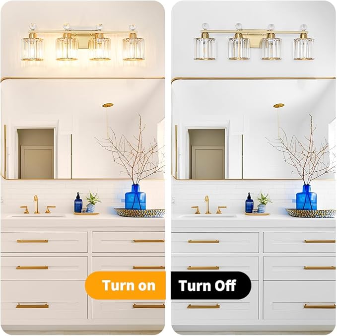 Modern Crystal Bathroom Vanity Light, 4-Lights Bathroom Light Fixtures, Brass Gold Vanity Lighting Fixtures Over Mirror, Brushed Wall Sconce Light for Bedroom, Kitchen, Living Room, Gallery, E26 Base