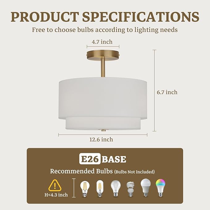 Vexagyle Gold Light Fixtures Ceiling Mount,12.6'' Semi Flush Mount Ceiling Light Fixtures,Nursery Light Fixture with 2-Layer White Shade,Modern Drum Ceiling Lights for Bedroom,Living Room,Hallway