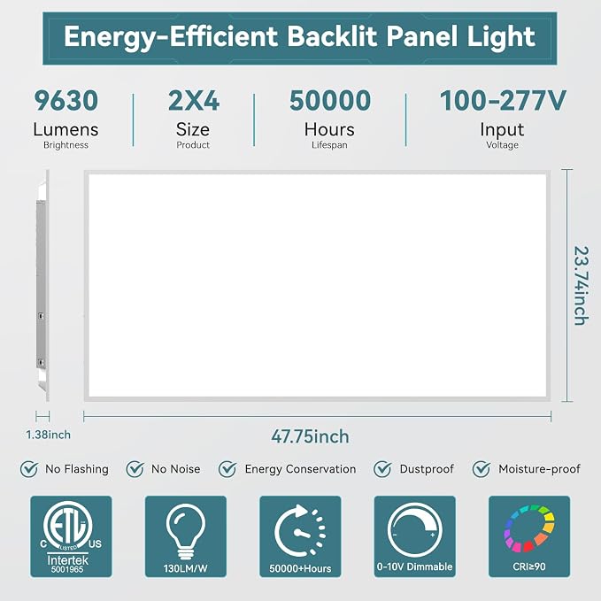 12Pack 2x4 LED Flat Panel Light, 9630LM, Selectable 30W-72W and 3000K-6500K, Dimmable 0-10V, Drop Ceiling Fixture for Office, School, Store (12Pack)