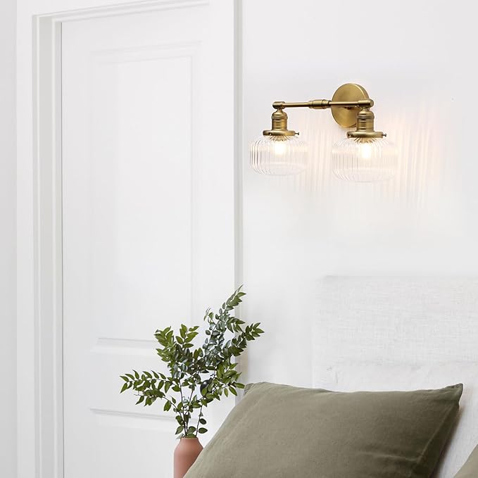2-Lights Industrial Glass Wall Sconces, Antique Brass Clear Striped Globe Shade Wall Light Fixture for Bathroom Vanity, Bedroom, Dining Room, Living Room, Farmhouse, Stairs