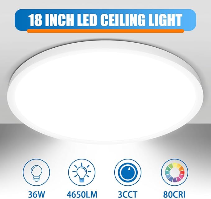Allsmartlife LED Flush Mount Ceiling Light Fixture 1-Pack, 18 inch 36W 4650lm Flat Ceiling Light, 3000K/4000K/6500K, Round Ceiling Light Fixture for Bedroom, Living Room, Kitchen