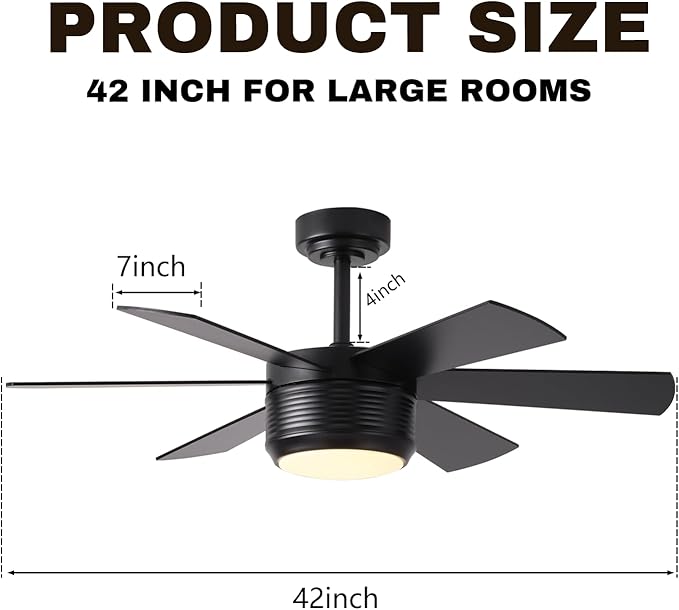 SHOWDI Ceiling Fan with Lights and Remote, 6 Blade App Control Timer Reversible Stepless Brightness and Color Temperature Outdoor Wood Ceiling Fan with Lights (Black, 42 Inch)