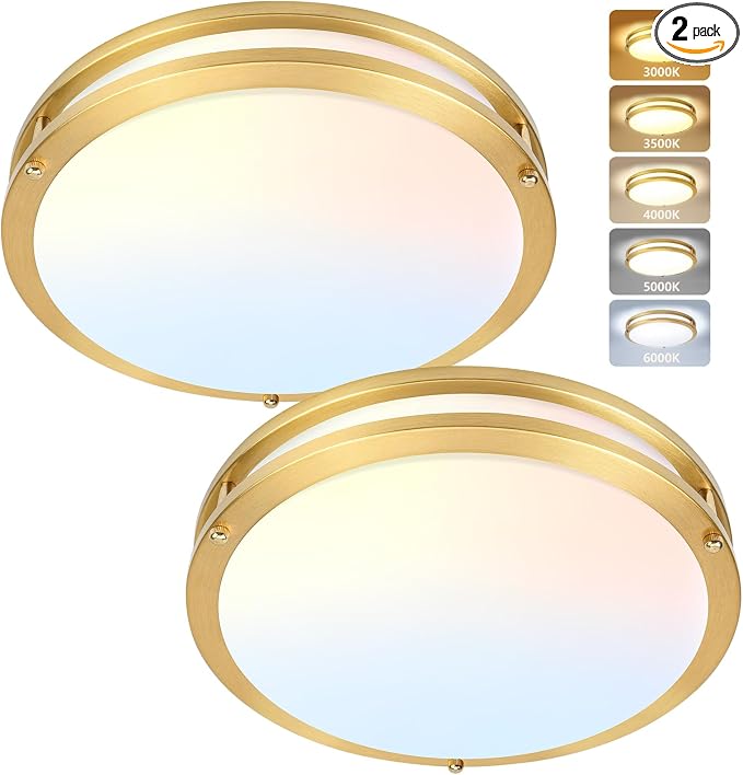 Flush Mount Ceiling Light - 2 Pack 36W 3000K/3500K/4000K/5000K/6000K Dimmable Led Ceiling Light Fixture for Kitchen Hallway Bedroom Bathroom (2, Brushed Gold, 12 Inch)