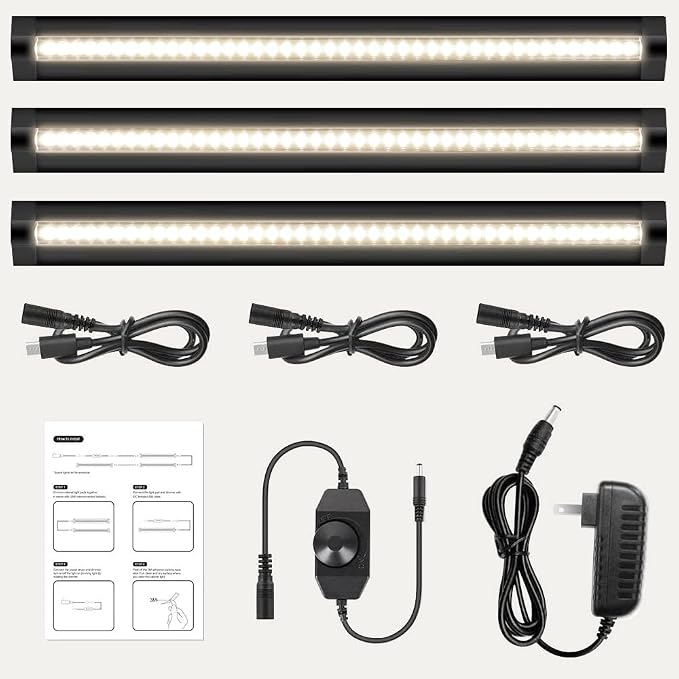 inShareplus 3 Pack 13 inch LED Under Cabinet Lighting, Dimmable, Natural White 4500K, CRI90+, 450Lumens, DC 12V Ultra Thin Under Counter Kitchen Lighting for Kitchen, Shelf, Cupboard, Black