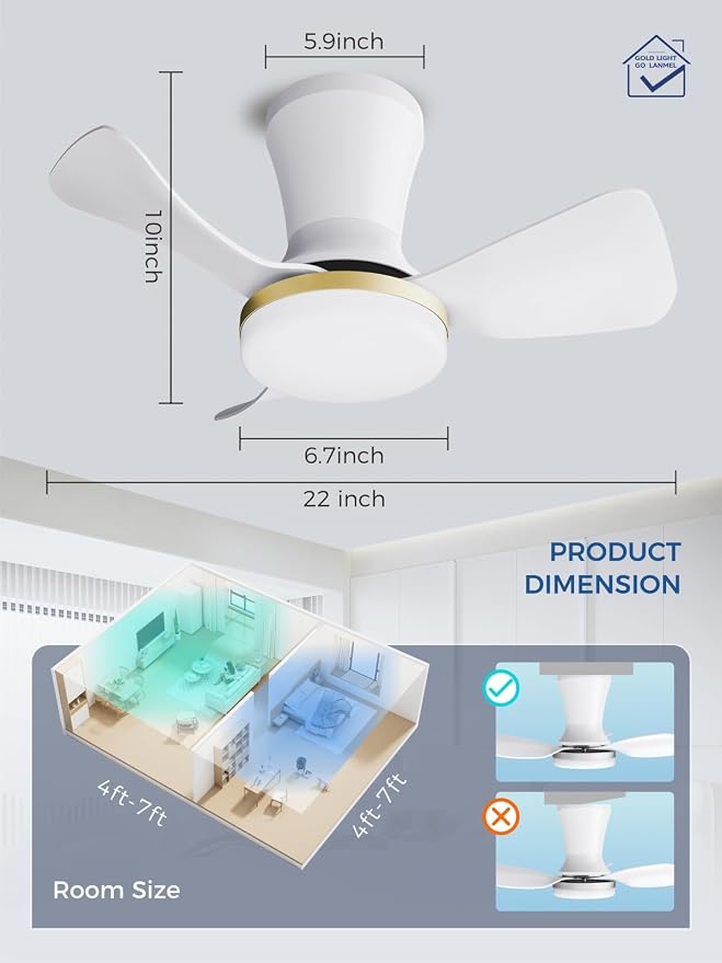 LANMEL Metal Ceiling Fan with Lights and Remote, 22 Inch, Gold & White | Modern Low Profile Flush Mount, Reversible, 3CCT Dimmable, Quiet, LED, For Bedroom, Living Room, Indoor/Outdoor Patio Use