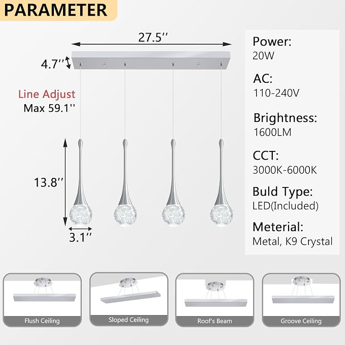 4-Lights Modern Pendant Lights for Kitchen Island LED Dimmable Crystal Glam Ceiling Pendant Lighting Chandelier for Dining Room Hallway Bedroom Silver