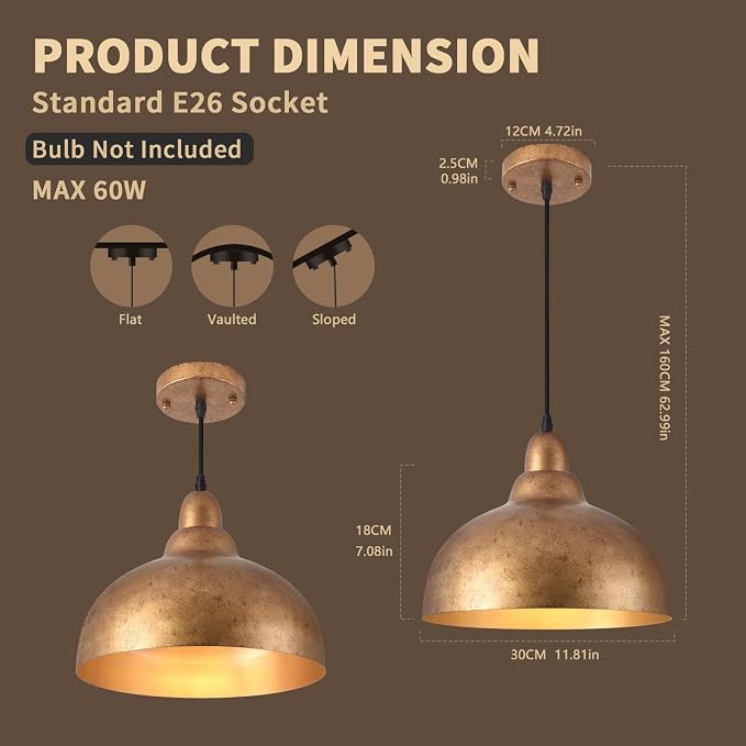 Ziqqeelam 11.8" Copper Pendant Light Kitchen Island Farmhouse Hanging Gold Pendant Light, Vintage Dome Pendant Lights, Farmhouse Dome Chandelier for Kitchen Island Dining Room