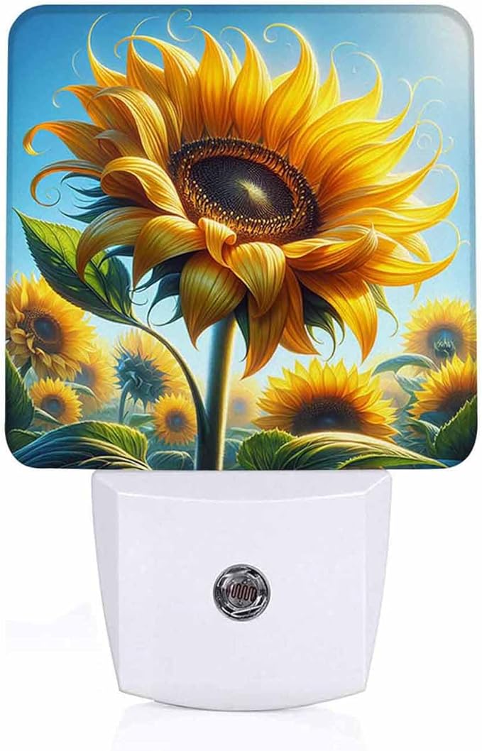 LED Night Light Lamp with Smart Sensor Dusk to Dawn Sensor,Large Vivid Sunflower with Curve Petal Surrounded By Other Sunflower Under Blue Sky Night Light Daylight White,0.5W Plug-into Wall