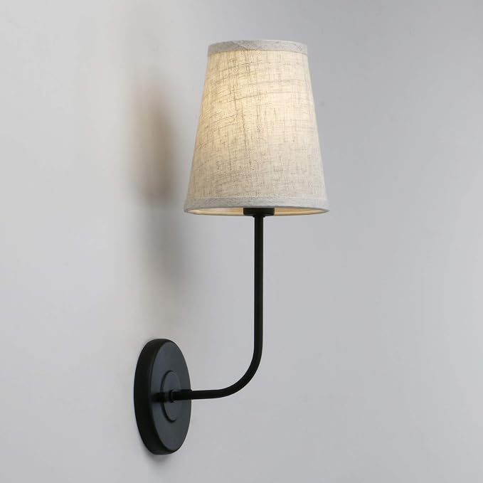Classic Rustic Wall Sconce Light Fixture with Flared Funnel Linen Fabric Shade Nightstand Lamps for Living Room Bedrooms Bedside Reading (Black)