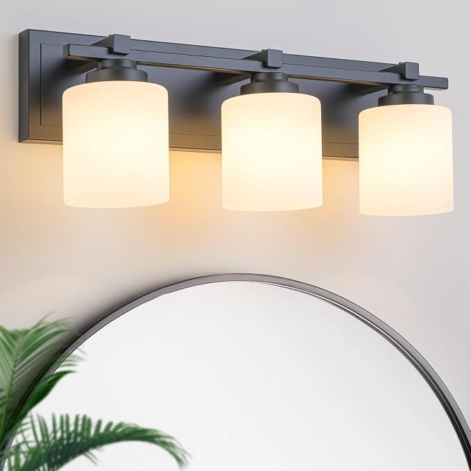 Modern Bathroom Light Fixtures Over Mirror, Vanity Lights for Bathroom Wall Sconces with Milky White Glass Shades, E26 Socket (Bulbs Not Included), 3 Light, Black
