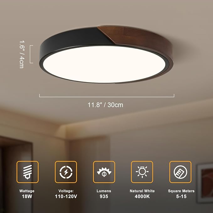 Modern LED Ceiling Light, Dark Walnut Wood Flush Mount Ceiling Light Fixture, 4000K Not Dimmable, Minimalist Circle Lighting Lamp with Acrylic Lampshade for Hallway Entryway Bedroom 11.8"