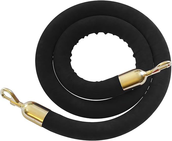 Montour Line Velvet Hanging Stanchion Rope Foam Core, 8 Foot Black Rope with Polished Brass Snap Ends