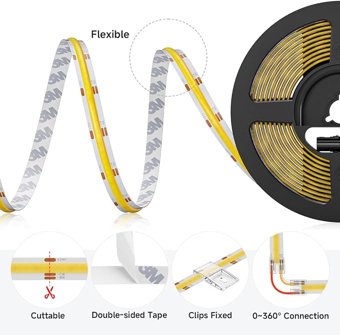 BTF-LIGHTING UL Listed Tunable White 3000K-6000K COB LED Strip Light,DC24V 9.8FT Dimmable CCT Ultra Bright Flexible LED Tape Light for Home Kitchen Office DIY Lighting(No Adapter or Controller)