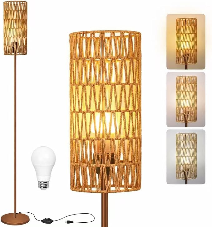 Ruiever Floor Lamp for Living Room,Farmhouse Floor lamp,Modern Standing lamp with Hand-Worked Rattan Shade (Brown Body with 3 Color Bulb)