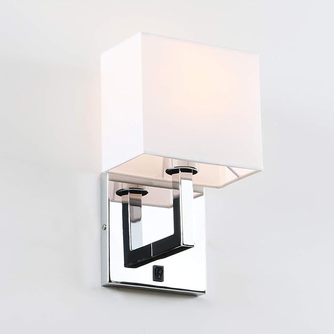 PERMO Single Wall Sconce Light Fixture Chrome Finish with White Textile Shades and On/Off Switch Button Small Modern Nightstand Lamps for Bedrooms Bedside Reading