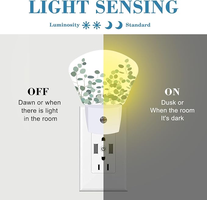 Green Eucalyptus Night Light for Kids Girls Boys, Watercolor Eucalyptus LED Night Light Plug into Wall with Dusk to Dawn Sensor for Room, Hallway, Kitchen, Bathroom, Stairs Decor