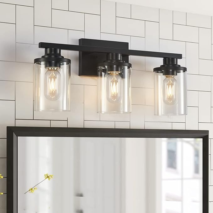 stambord 3 Light Black Bathroom Vanity Light Fixtures with Clear Glass Shade, Modern Wall Sconces Lighting for Bathroom Over Mirror