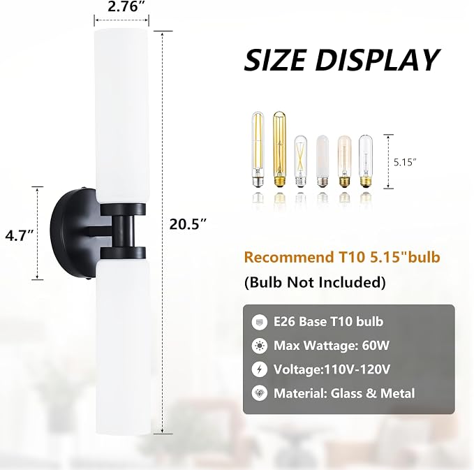 Lanhall 2 Light Black Bathroom Light Fixture Over Mirror, Modern Farmhouse Bathroom Vanity Lights with Milky White Frosted Glass Shade, Wall Sconce for Bathroom Mirror Hallway Cabinet Bedroom Porch