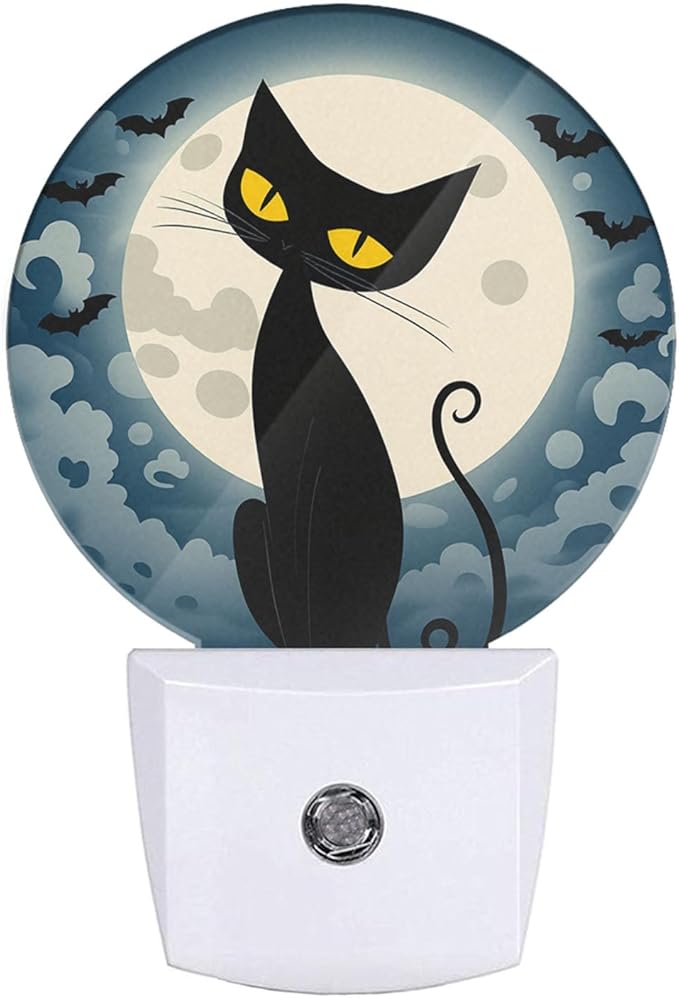 Plug in Fantasy Funny Cat Night Light Full Moon Bats Black Cat Fun Animal Plug-in Nightlight Auto On/Off Dusk to Dawn for Bedroom Bathroom Staircase Home Decor, LEDLAMP3013
