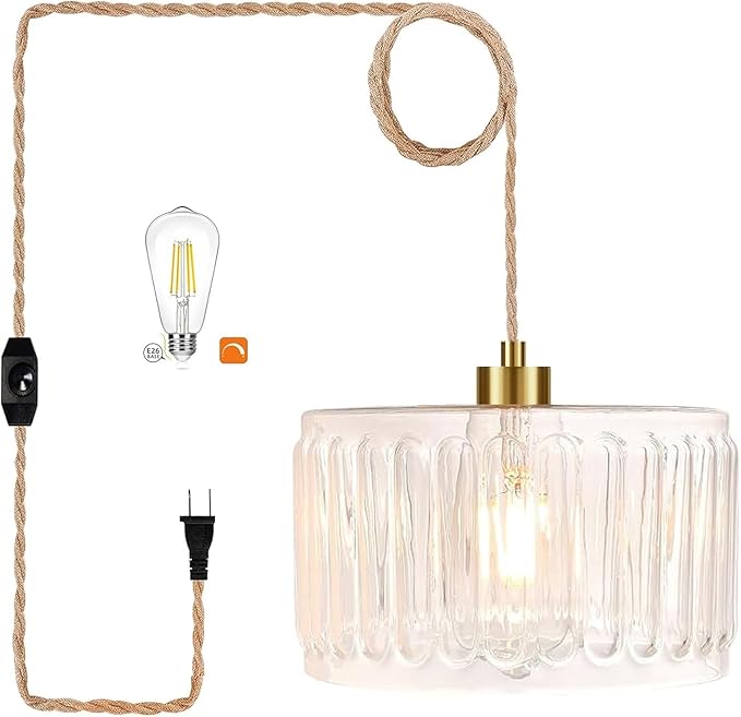 Glass Plug in Pendant Light Hanging Lights with Plug in Cord Milk White Hanging Lamp Gold Dimmable Mid Century Modern Plug in Chandelier Ceiling Fixture for Living Room,Kitchen,Boho