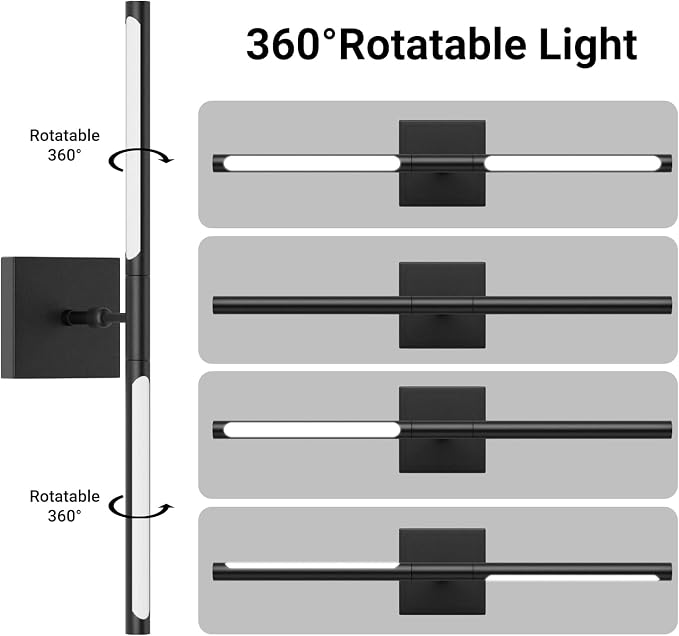 Tipace Hard-Wired LED Bathroom Light Fixtures Over Mirror,24W 360°Rotatable 5500K Black Vanity Light Bar,Modern Wall Sconce for Living Room,Bedroom,Hallway,23.6 Inch