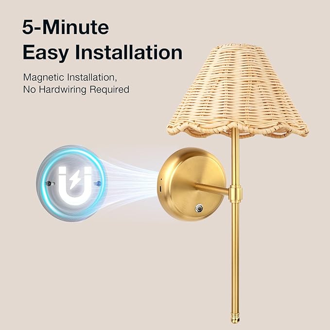 Battery Operated Boho Rattan Wall Sconce Set of 2, Stepless Dimming Magnetic Wall Lamp, 5200mAh Rechargeable Battery and Integrated LED, for Living Room Bedroom Hallway Corridor