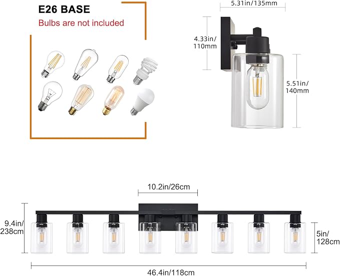 8 Light Bathroom Vanity Light Black Vanity Light Fixtures Bathroom Lights Fixtures Over Mirror Large Wall Lights with Clear Glass Shade for Bedroom Living Room Makeup