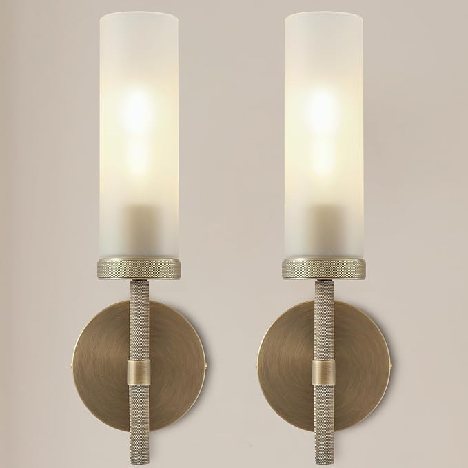 15" Hardwired Frosted Glass 2 PC Bathroom Wall Sconces, Handmade Knurled Brass Wall Light Fixture,Modern Vanity Light for Living Room,Hallway, Bedroom, Indoor Sconces