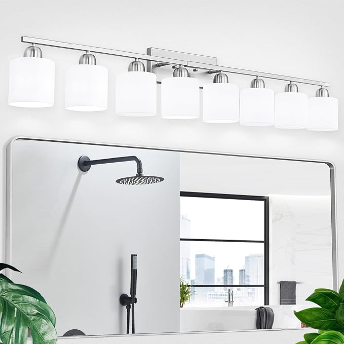 Brushed Nickel Bathrooms Lights for Huge Mirror, 8 Light Anti-Rust Finish with Milky White Frosted Glass Shades, 51 Inch Above Mirror Lights for Bathroom, E26