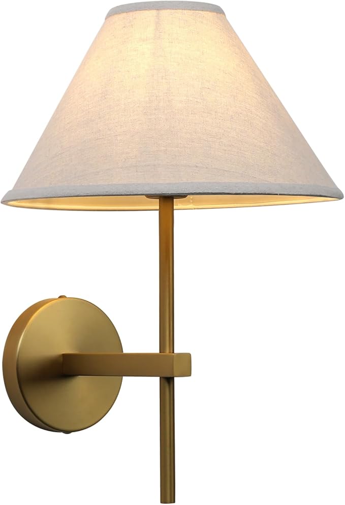 Pathson Hardwired Linen Wall Sconce Big Cone Fabric Lampshade, Vintage Wall Vanity Light Fixture Upwards Install, Indoor Bedside Lamp Victorian Decor for Living Room, Stairwell, Fireplace, Foyer