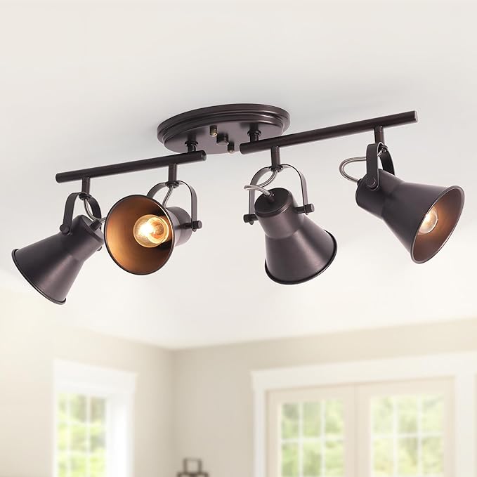 SEEBLEN 4-Light Brown Track Lighting Fixtures Ceiling, Directional Ceiling Spotlight with 4 Rotatable Heads, Modern Industrial Flush Mount Ceiling Light for Kitchen Island, Dining Room, Hallway