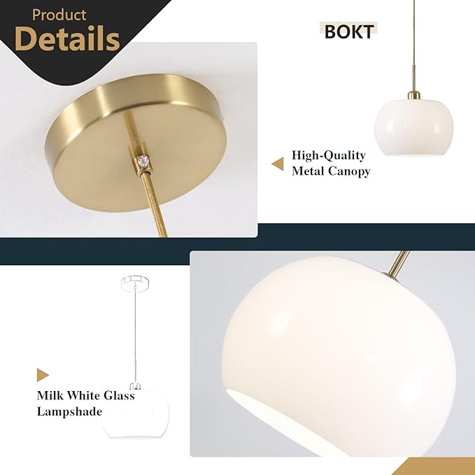 BOKT 1-Light Gold Dome Pendant Light Mid Century Modern White Globe Pendant Lighting Kitchen Island Brass Dining Hanging Ceiling Lamp Single Large Glass Ball Pendant Lamp