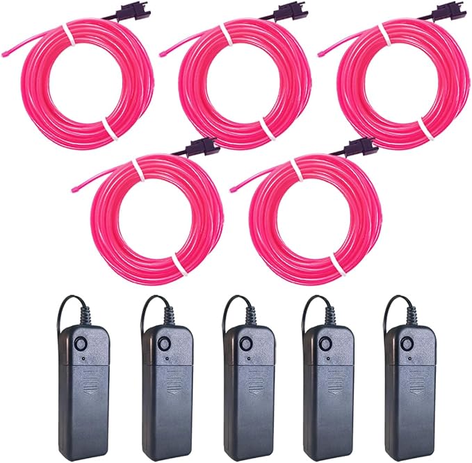 MaxLax EL Wire Pink 5-Pack, 9ft/2.75m Neon Light Wire with Noise Reduction and Battery Pack…