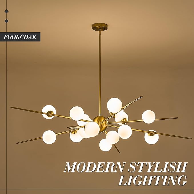 Large Gold Sputnik Chandelier 51in 16-Light Frosted Glass Chandelier Light Fixture Mid-Century Modern Molecular Chandeliers for Large Living Room Dining Room Foyer Kitchen Bedroom